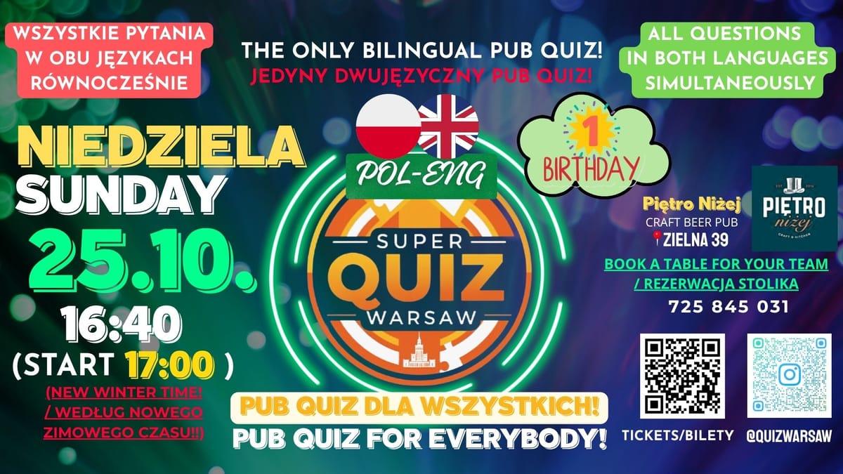 POL-ENG Super Quiz Warsaw (PUB QUIZ) 25.10. (PIĘTRO NIŻEJ pub)