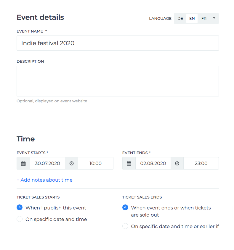 Ticketing platform event details sample